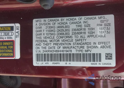 2017 Honda Cr-V Ex-L/Ex-L Navi from USA, damaged, VIN 2HKRW2H89HH619478